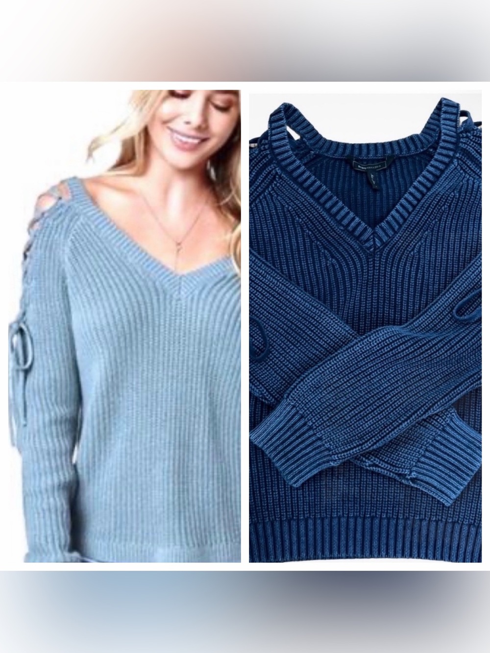 V-Neck Lace-Up Shoulder Sweater - Dark Blue in S/M